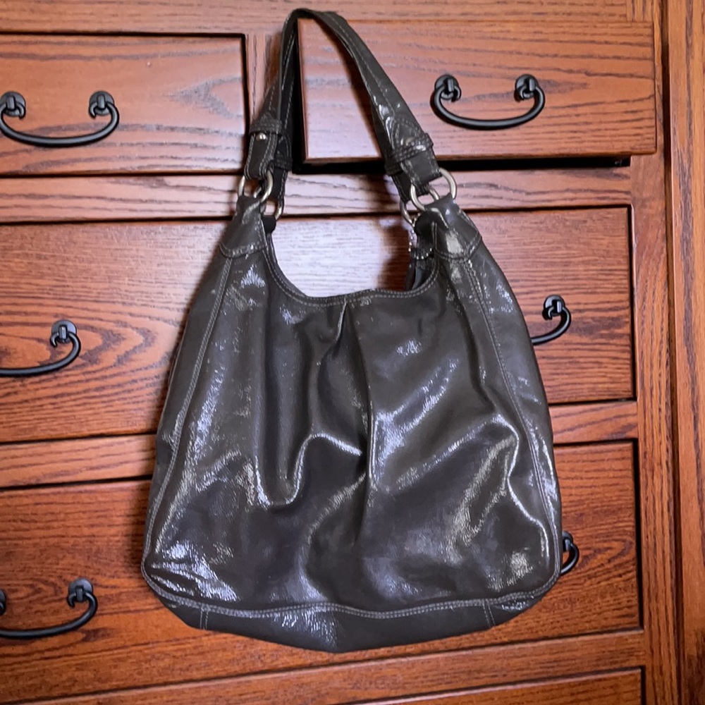 Coach Maggie charcoal patent leather shoulder bag